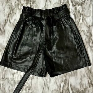 Beige Botany Black Vegan Leather High Waisted Belted Paper Bag Shorts Size Small